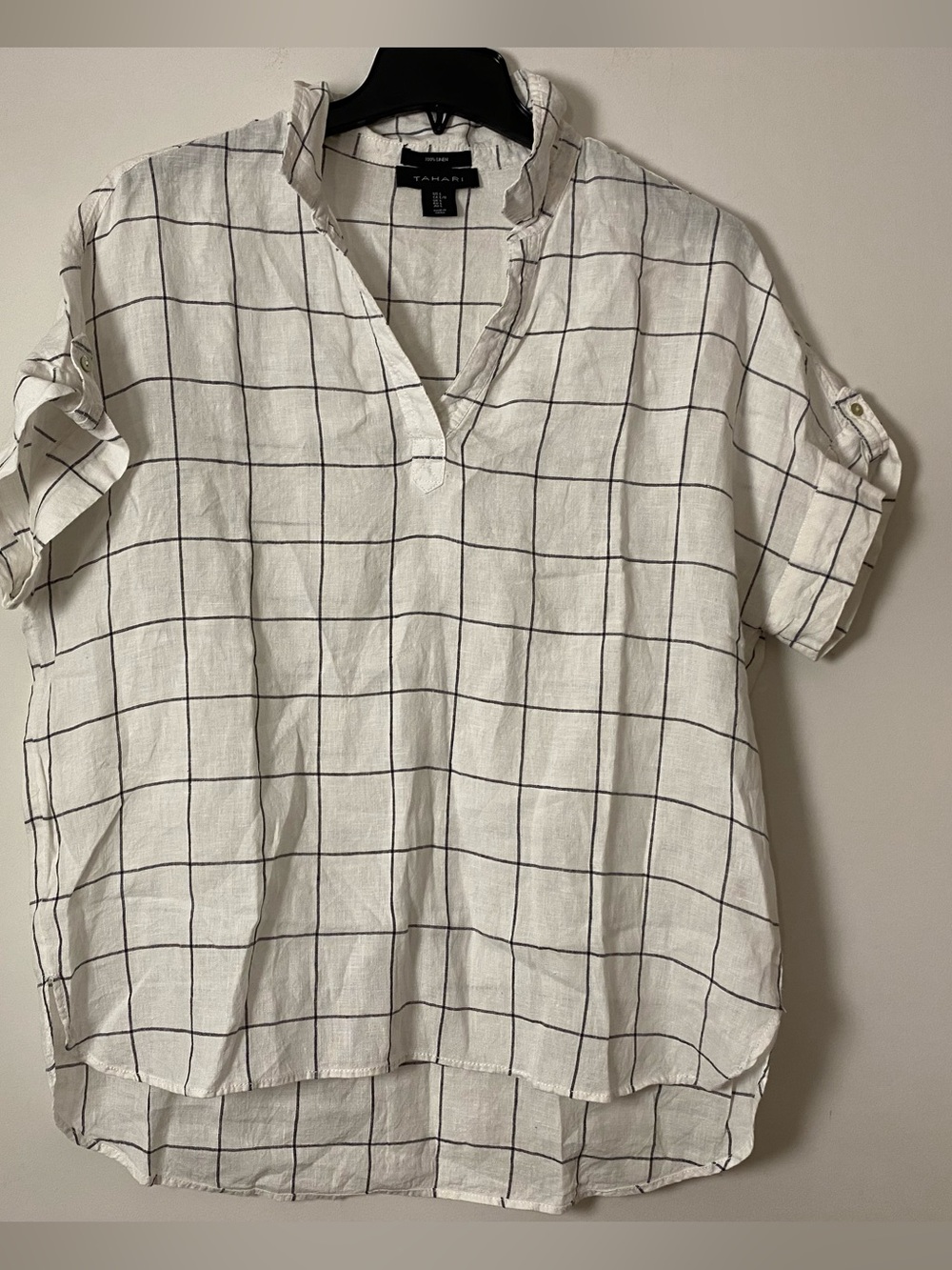 Tahari White Windowpane Relaxed Linen  Blouse